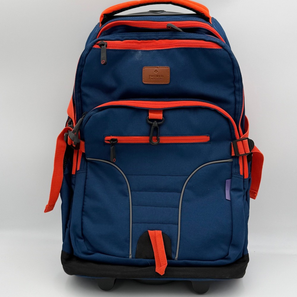 J World New York Sundance Rolling Backpack Navy Blue Orange Travel School Bag